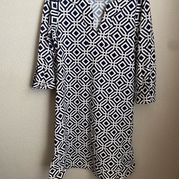 Jude Connally Blue and White Midi Dress with Geometric Print - Picture 2 of 5